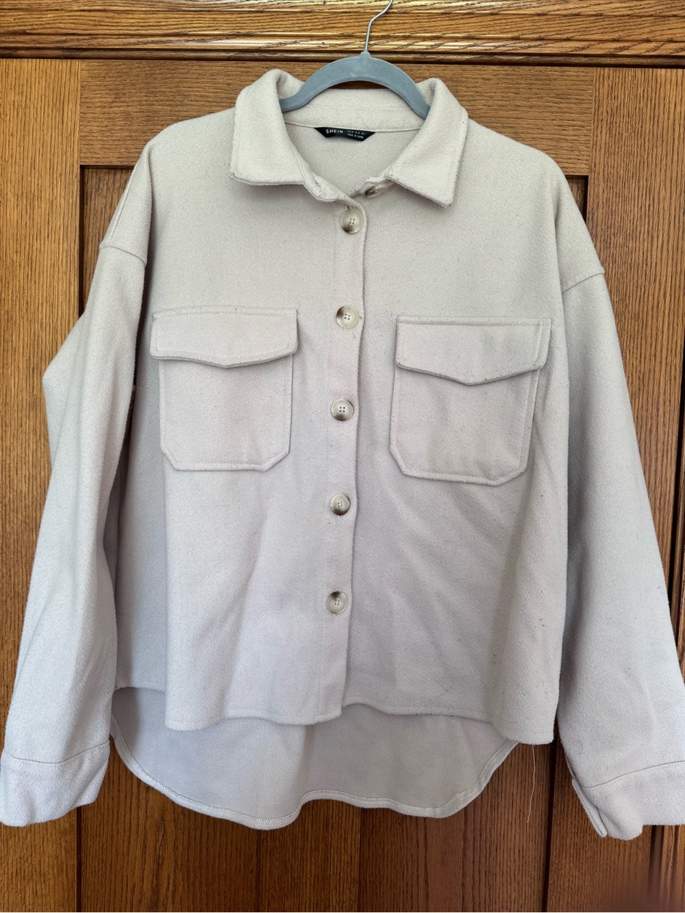 Neutral Beige Button-Front Overshirt with Patch Pockets